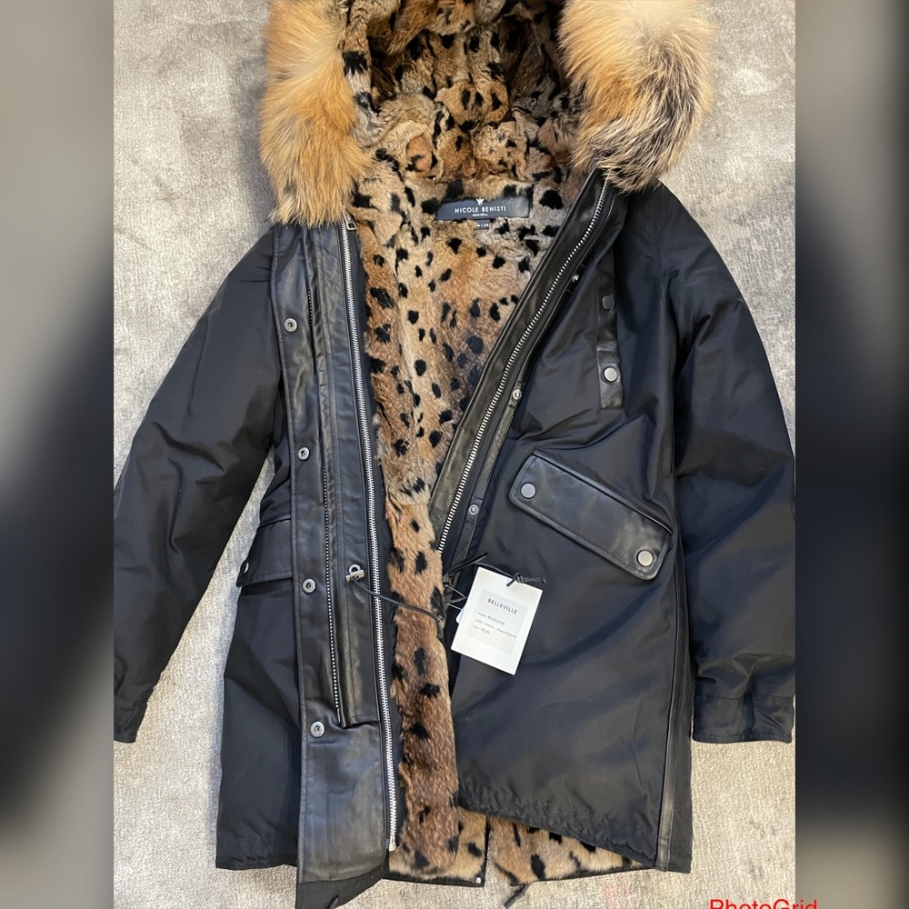 NICOLE BENISTI Black Parka Jacket with Fur Trim and Leopard Lining